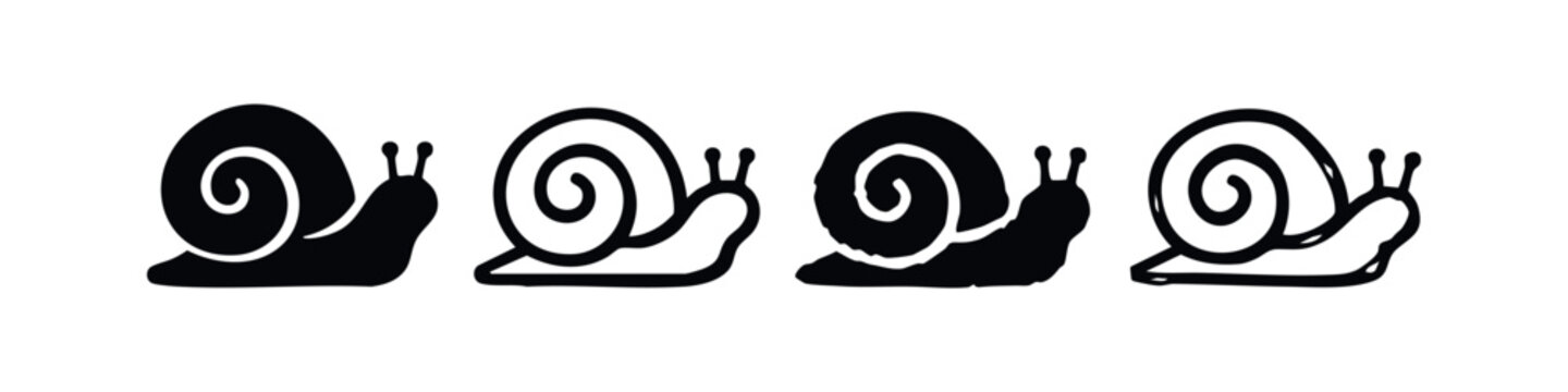 Stylized Snail Icons Set, Black and White Snail Vector Graphics, Abstract Gastropod Illustrations on White Background