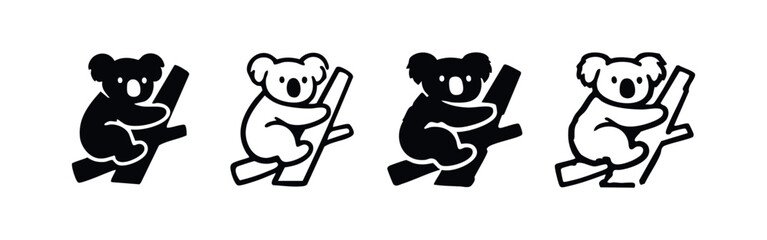 Set of four koala bear icons clinging to a branch, black and outline vector illustrations. © liubomir118809