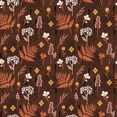 Seamless Autumnal Botanical Pattern with Fern Leaves and Wildflowers on Warm Brown Background © Amir