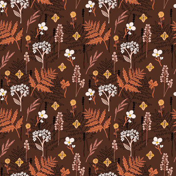 Seamless Autumnal Botanical Pattern with Fern Leaves and Wildflowers on Warm Brown Background