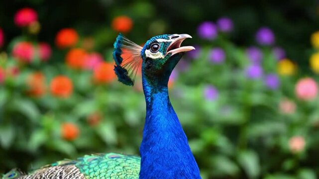 Vibrant Blue Indian Peafowl Calling in a Colorful Summer Garden