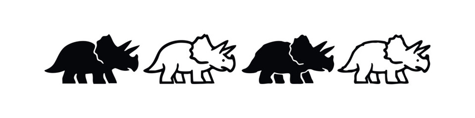 Triceratops Dinosaur Icon Set. Black Silhouette and Outline Prehistoric Animal Symbols on White Background. © liubomir118809