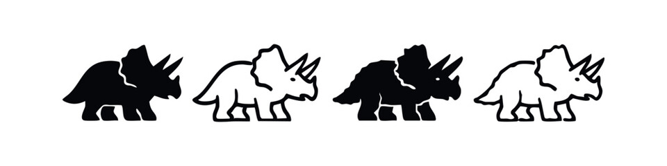 Triceratops Dinosaur Icon Set. Black Silhouette and Outline Prehistoric Animal Symbols with Rough Edges. © liubomir118809