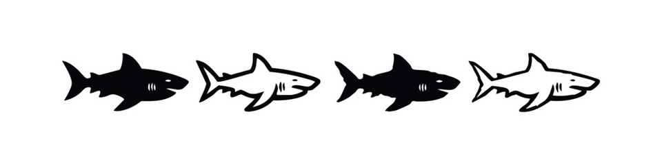 Obraz premium Shark Icon Set. Black Silhouette and Outline Marine Predator Symbols with Sharp Teeth.