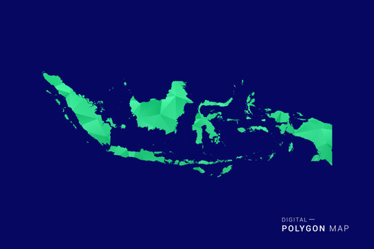 Indonesia Map - low poly polygon vector, geometric triangulated silhouette in green and blue tones, clean modern style, isolated background for infographic use.
