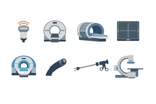 Collection of medical imaging and surgical equipment icons for healthcare technology