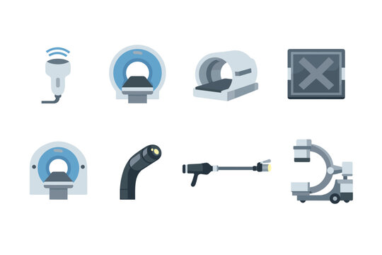 Collection of medical diagnostic and surgical equipment icons on a white background