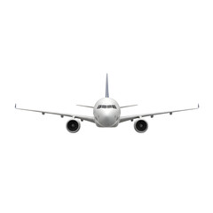 Naklejka premium A commercial passenger aircraft flies through the clear blue sky and is also featured as an isolated white background airbus jet for aviation travel and transportation