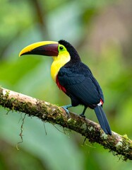 Fototapeta premium Chestnut Mandibled Toucan Perched on Mossy Branch Lush Green Rainforest Background