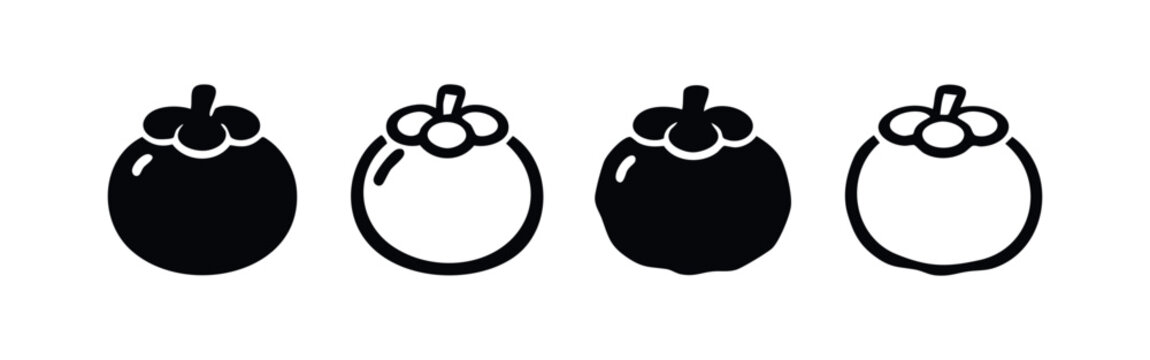 Mangosteen fruit icon set, depicting solid and outlined tropical mangosteen with its characteristic calyx.