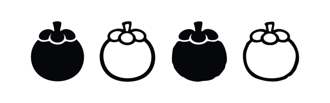 Mangosteen fruit icon set, depicting solid and outlined tropical mangosteen with its characteristic calyx.
