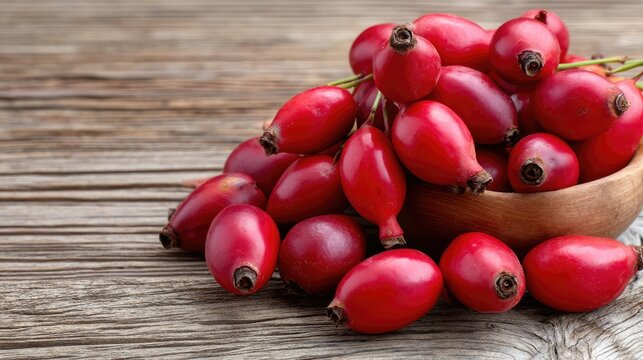 Bunch of red rose hips resting on a dark wooden surface from a top view captured with a sony alpha a7 iii camera and zeiss batis lens 85mm f2