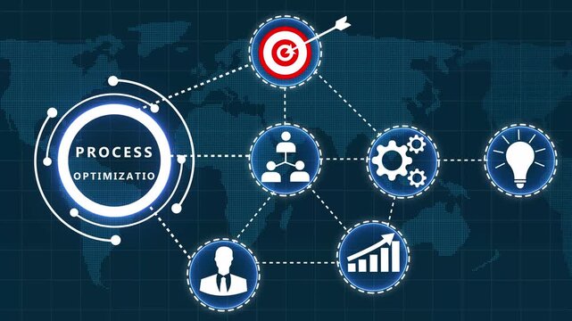 Process optimization diagram illustrating global business efficiency with interconnected for goals growth leadership innovation and ideas on a map background