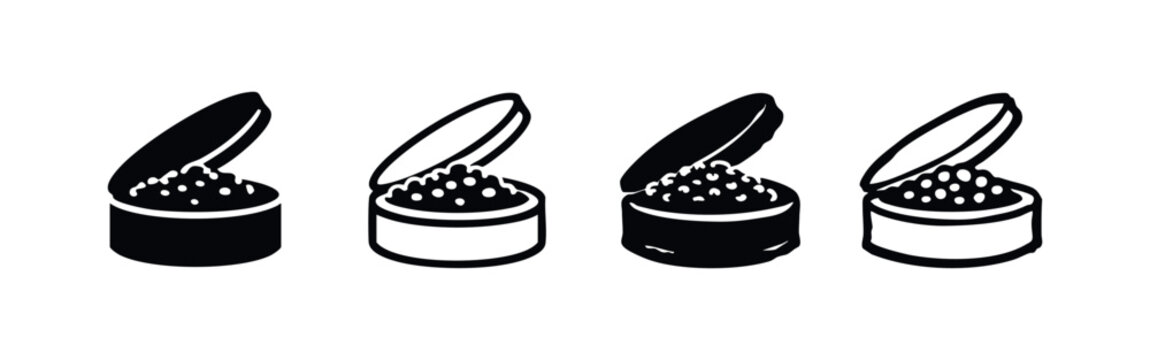 Open caviar tin cans in various black and white icon styles, gourmet food illustration set.