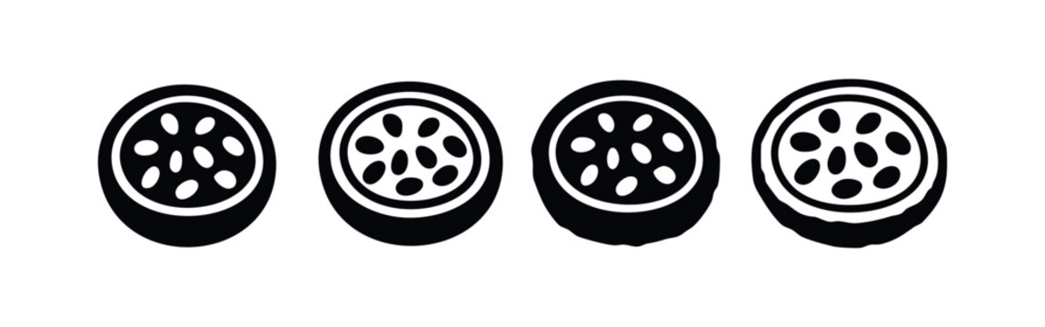 Fruit cross-section vector icon set with seeds. Hand-drawn glyph and outline symbols of tropical fruit slices on white background.