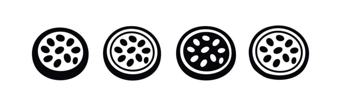 Stylized fruit slice with seeds vector icon set. Hand-drawn food symbols in various styles on isolated white background.