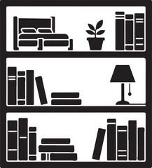 Black and white illustration of a bookshelf with books and decorative items © Anamul