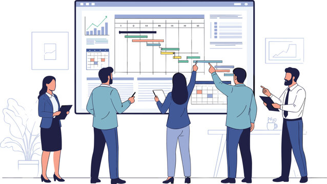 Business team analyzing project management gantt chart on large digital screen during corporate meeting for agile workflow and strategic planning illustration