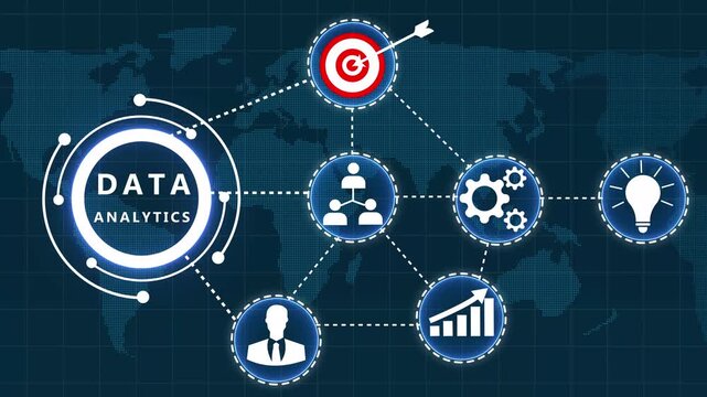 Global Data Analytics Concept with Connected Representing Strategy Goals People and Innovation on a Dotted Map Background