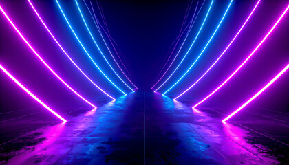 Fototapeta premium Abstrakter futuristischer Neonraum mit leuchtenden Linien und Spiegelungen