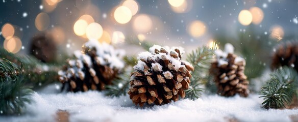 Obraz premium The Pinecones Resting on Snow with Festive Bokeh Lights and Evergreen Branches