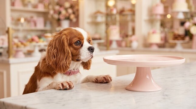 Adorable Cavalier King Charles Spaniel dog anticipating treats at an empty pink cake stand.