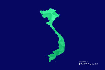 Fototapeta premium Vietnam Map - low poly polygon vector, geometric triangulated silhouette in green and blue tones, clean modern style, isolated background for infographic use.