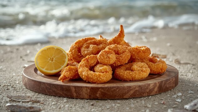 Crispy deep fried baby cuttlefish served with slice of lemon
