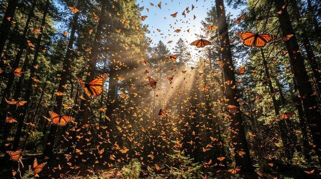 Stunning Monarch Butterflies Swarming in Sun-Drenched Forest During Annual Migration