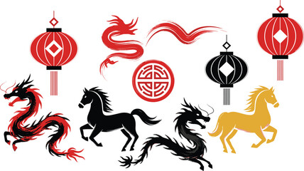 Traditional Chinese ink brush style vector illustration set featuring red and black dragons galloping horses hanging lanterns and decorative oriental cultural symbols. © MdSaddam