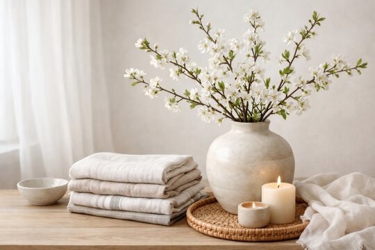 Spring home decor refresh neutral interior with linen textiles, ceramic vase and fresh branches minimal styling