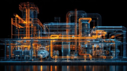 Fototapeta premium Vibrant photo of Digital twin of a complex industrial chemical plant with glowing orange and blue wireframe lines on a black background