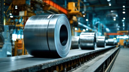Vibrant photo of Large rolled steel coils on a conveyor belt in a modern metal manufacturing facility