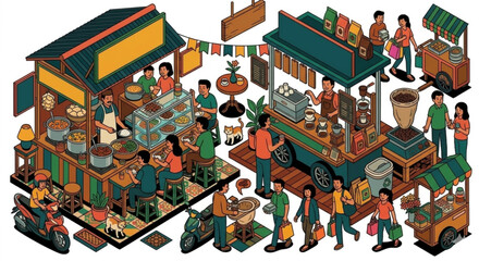 Fototapeta premium Indonesian Street Food Stall and Traditional Coffee Shop Isometric Vector Illustration