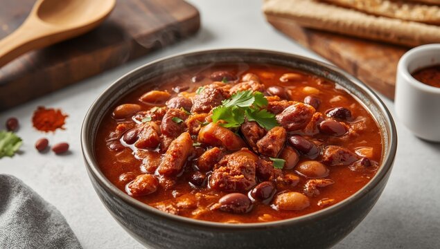 Delicious chili con carne served on light gray table, closeup