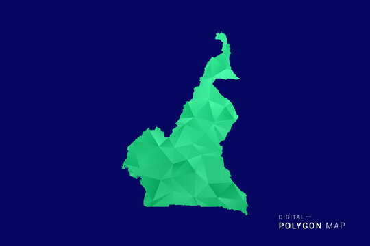 Cameroon Map - low poly polygon vector, geometric triangulated silhouette in green and blue tones, clean modern style, isolated background for infographic use.