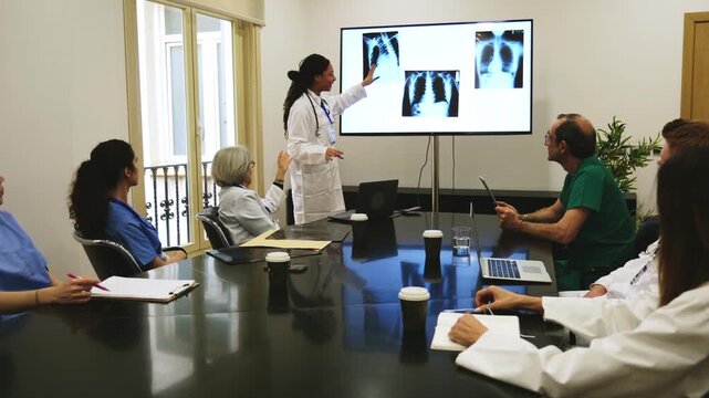 Medical professionals discussing patient's chest x rays during a presentation in a conference room