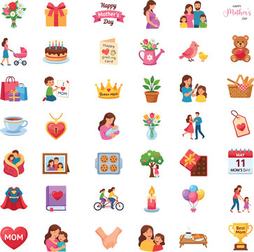 Mother's Day Vector Icon Set: Colorful Flat Design Symbols for Family, Love, and Celebration