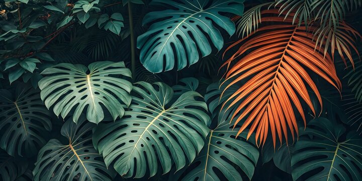 A vibrant display of tropical foliage with a mix of green and orange leaves