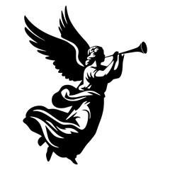 A minimalist black and white vector illustration of an angel blowing a trumpet with large wings spread wide © Muhammad Asim