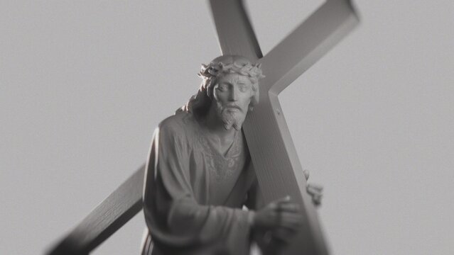 Religious Art Portrait. Solemn White Statue Depicting Jesus Christ Burdened by Cross During Crucifixion Journey. High Contrast Art For Religious and Easter Media. Christian Concept of Via Dolorosa.