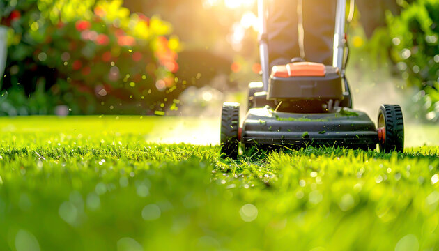 Elektrischer Vertikutierer bearbeitet Rasen im warmen Sonnenlicht im Garten