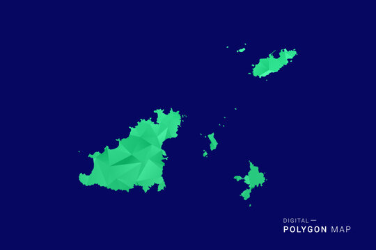 Guernsey Map - low poly polygon vector, geometric triangulated silhouette in green and blue tones, clean modern style, isolated background for infographic use.