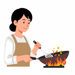 Fototapeta premium A woman stir-frying food in a wok with flames, wearing an apron and using a spatula.