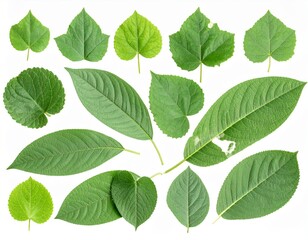 Collection of Diverse Green Leaves Detailed Veins Against White Background Studio Shot