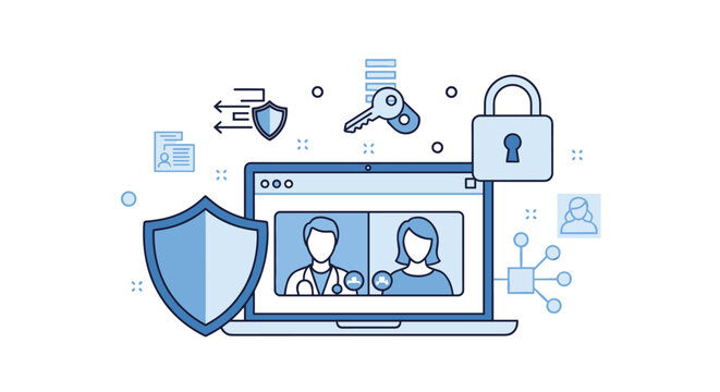 A laptop displays a secure video call between doctors with security icons.