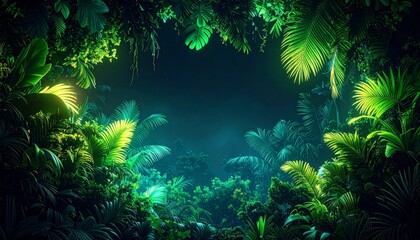 Naklejka premium Digital Jungle Canopy With Glowing Green and Yellow Pixelated Foliage at Night