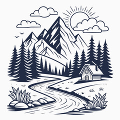 Fototapeta premium Rustic cabin in mountains with river and sun rays with black and white
