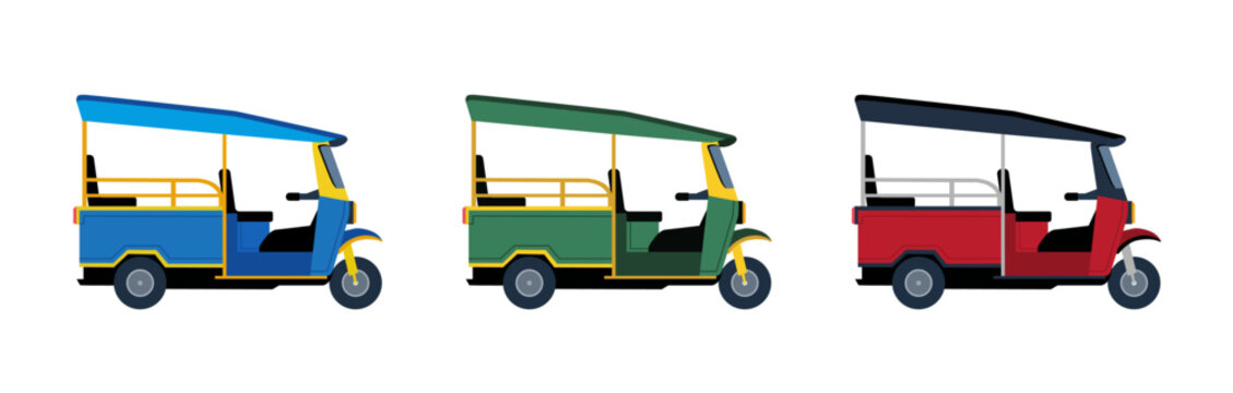 A collections of tuk tuk in different colors isolated on white background. Asian tuk tuk rickshaw car. Vector stock
