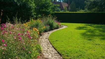 Fototapeta premium Flower beds and greenery in the summer garden beside the house